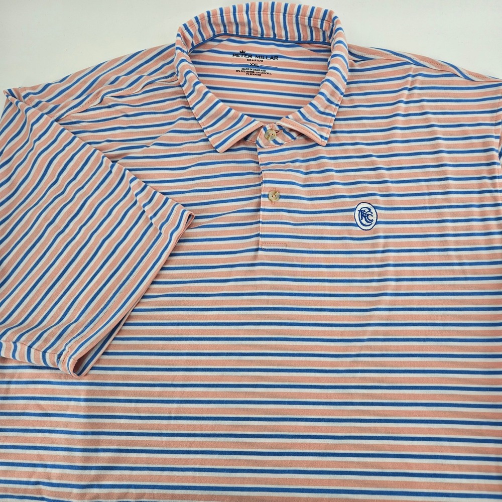 Peter Millar Seaside Mens XXL Polo Shirt Blue Orange Striped Short Sleeve Golf